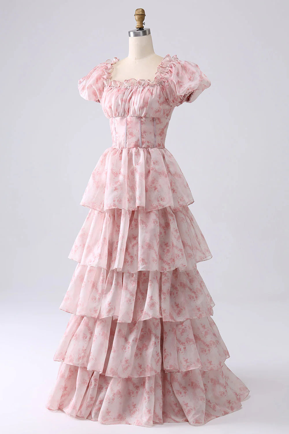 Amzcw Blush A-Line Tiered Corset Prom Dress With Puff Sleeves