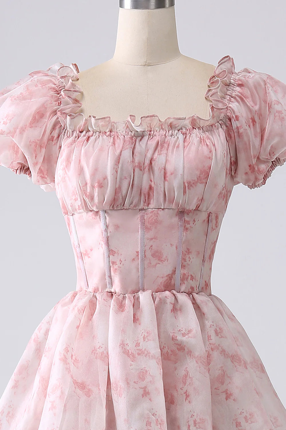 Amzcw Blush A-Line Tiered Corset Prom Dress With Puff Sleeves