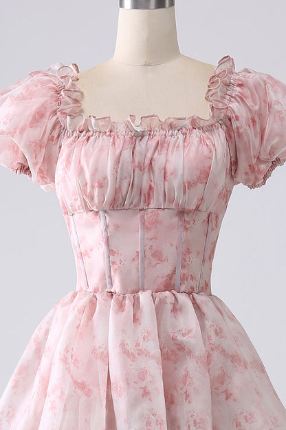 Amzcw Blush A-Line Tiered Corset Prom Dress With Puff Sleeves