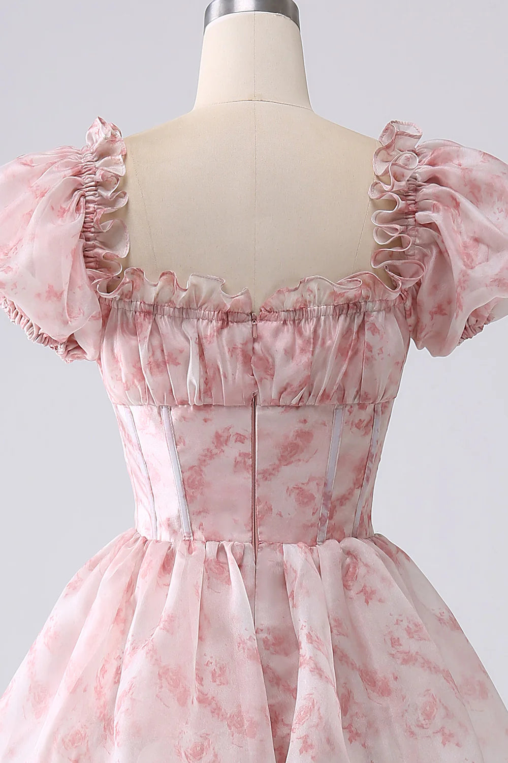 Amzcw Blush A-Line Tiered Corset Prom Dress With Puff Sleeves