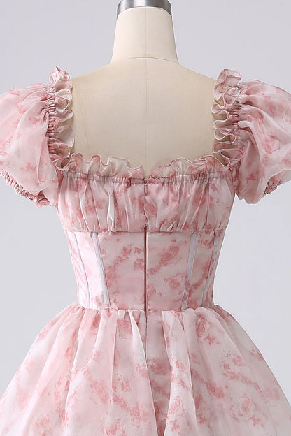 Amzcw Blush A-Line Tiered Corset Prom Dress With Puff Sleeves