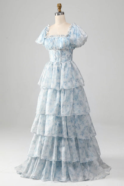 Amzcw Light Blue A-Line Tiered Corset Prom Dress With Puff Sleeves