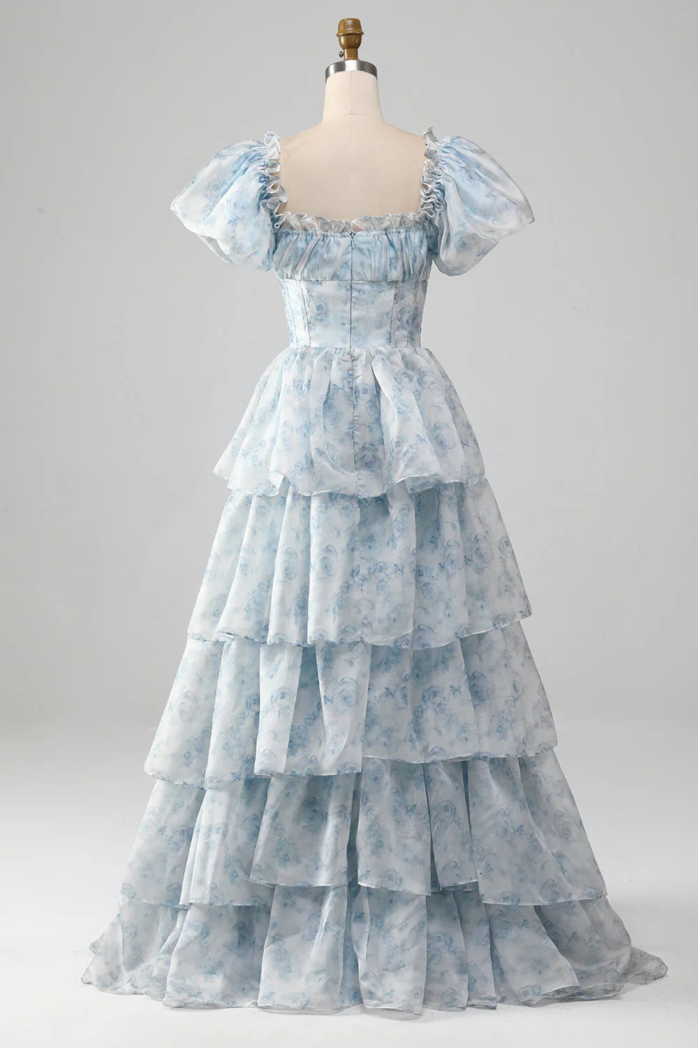 Amzcw Light Blue A-Line Tiered Corset Prom Dress With Puff Sleeves