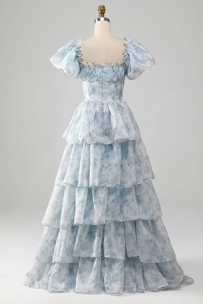 Amzcw Light Blue A-Line Tiered Corset Prom Dress With Puff Sleeves