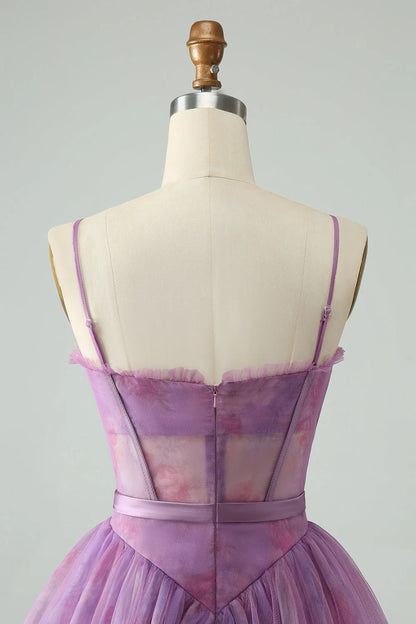 Amzcw Cute Purple A Line Spaghetti Straps Print Corset Short Homecoming Dress