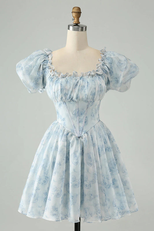 Amzcw Cute Sky Blue A Line Square Neck Floral Short Homecoming Dress with Ruffles