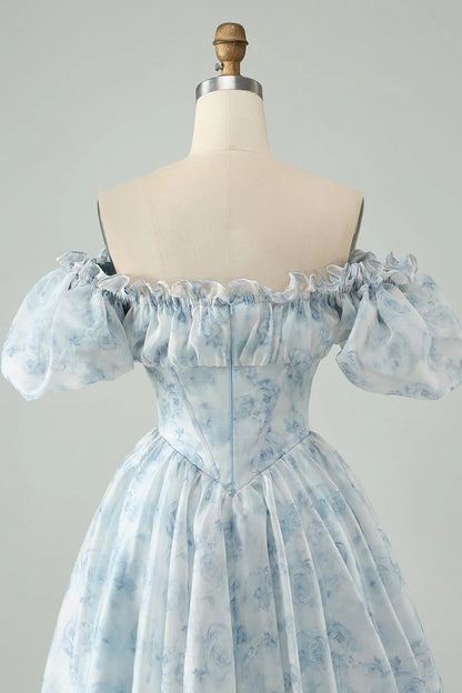 Amzcw Cute Sky Blue A Line Square Neck Floral Short Homecoming Dress with Ruffles