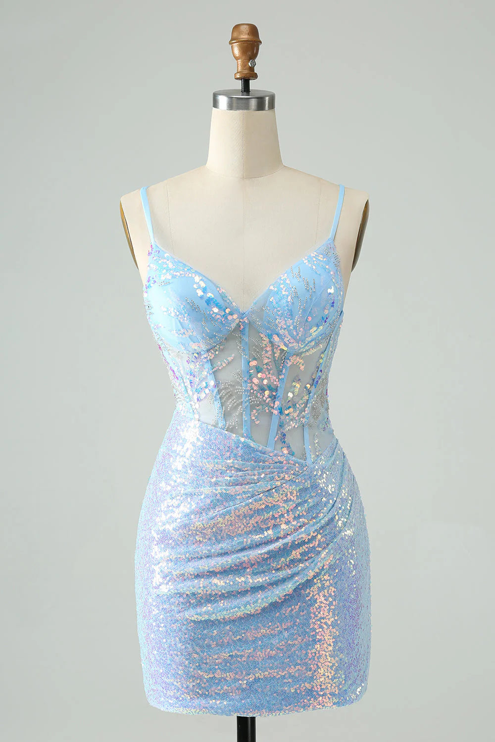Amzcw Glitter Light Blue Tight Spaghetti Straps Corset Short Homecoming Dress with Sequins