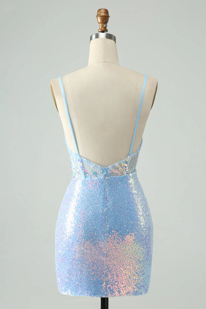 Amzcw Glitter Light Blue Tight Spaghetti Straps Corset Short Homecoming Dress with Sequins