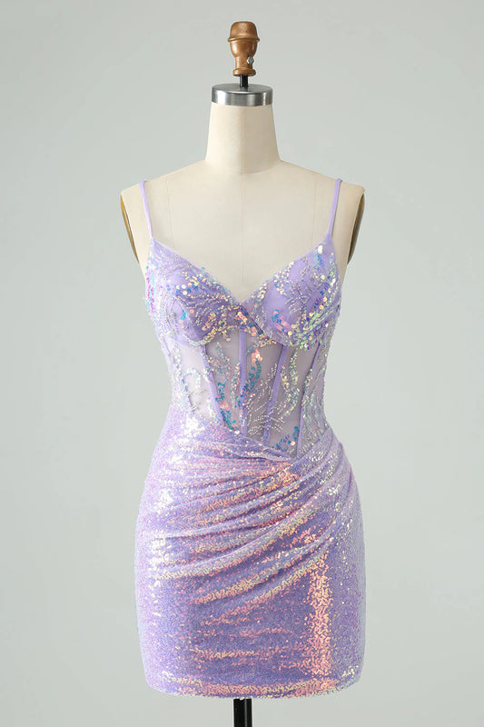 Amzcw Glitter Lilac Tight Spaghetti Straps Corset Short Homecoming Dress with Sequins