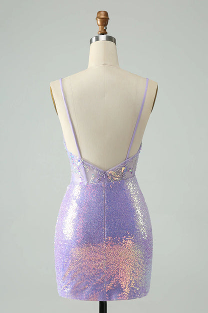 Amzcw Glitter Lilac Tight Spaghetti Straps Corset Short Homecoming Dress with Sequins