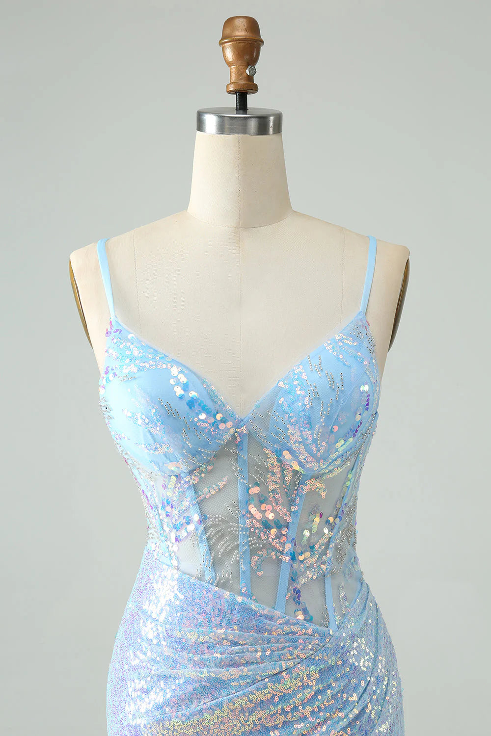 Amzcw Glitter Light Blue Tight Spaghetti Straps Corset Short Homecoming Dress with Sequins