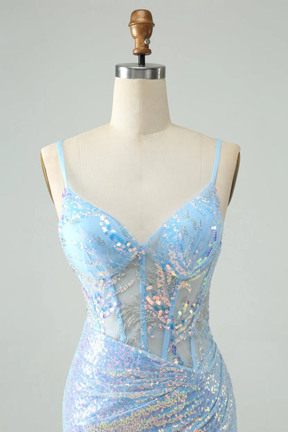 Amzcw Glitter Light Blue Tight Spaghetti Straps Corset Short Homecoming Dress with Sequins