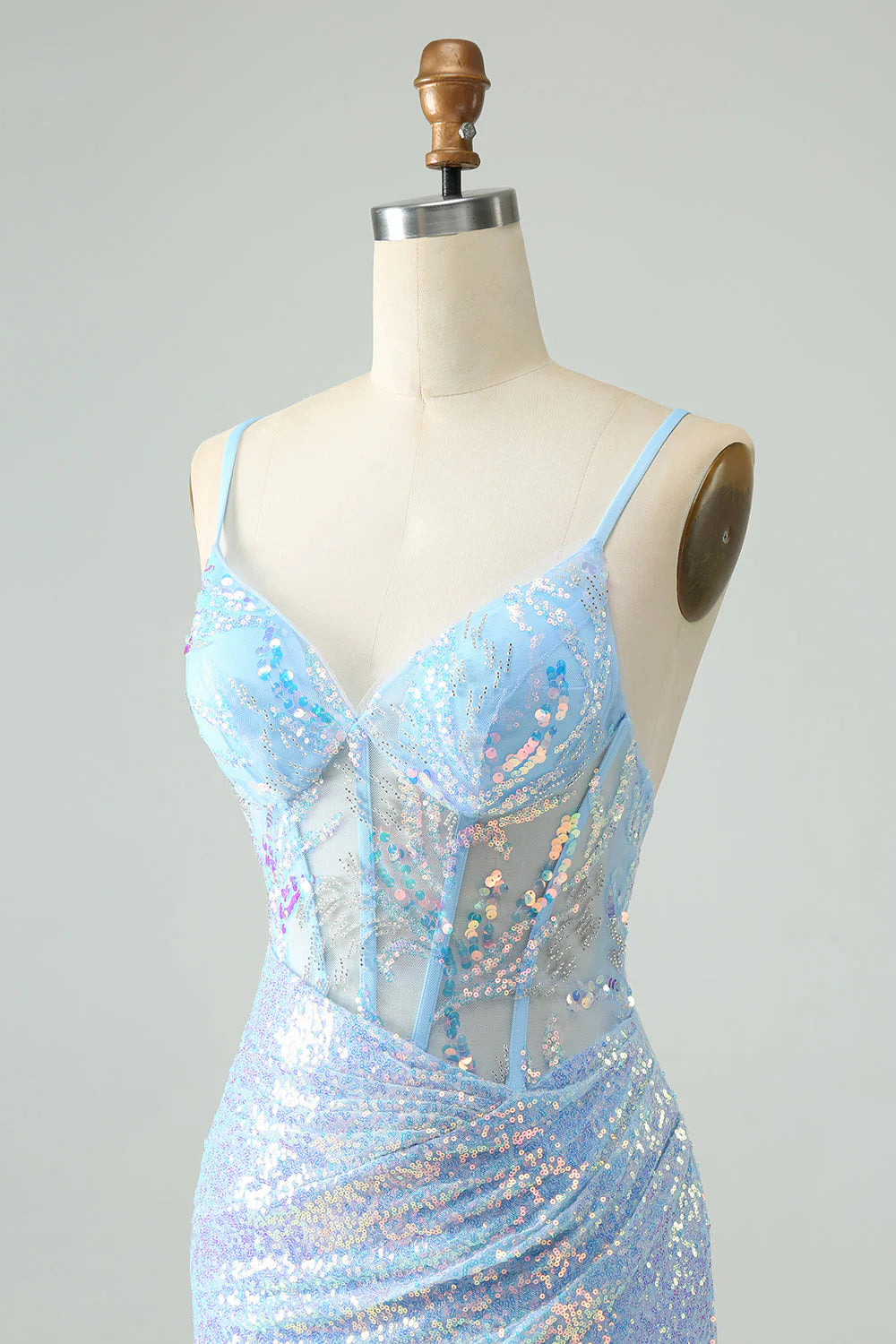 Amzcw Glitter Light Blue Tight Spaghetti Straps Corset Short Homecoming Dress with Sequins