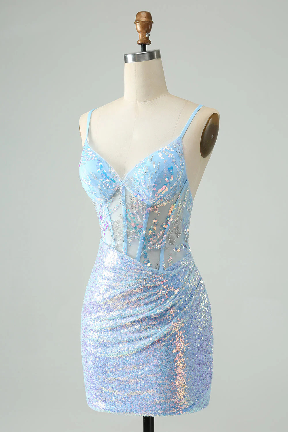 Amzcw Glitter Light Blue Tight Spaghetti Straps Corset Short Homecoming Dress with Sequins