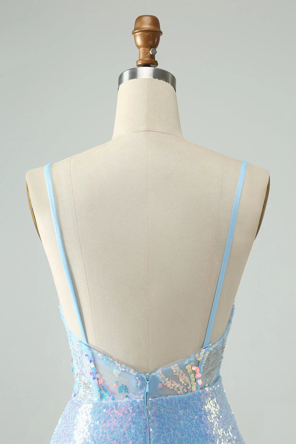 Amzcw Glitter Light Blue Tight Spaghetti Straps Corset Short Homecoming Dress with Sequins