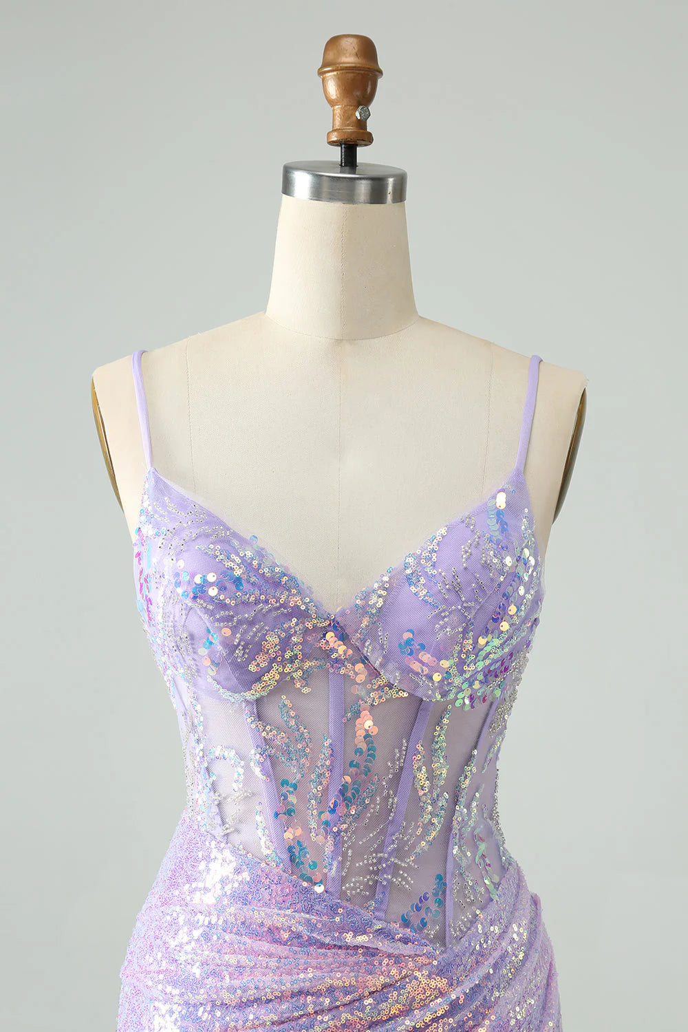 Amzcw Glitter Lilac Tight Spaghetti Straps Corset Short Homecoming Dress with Sequins