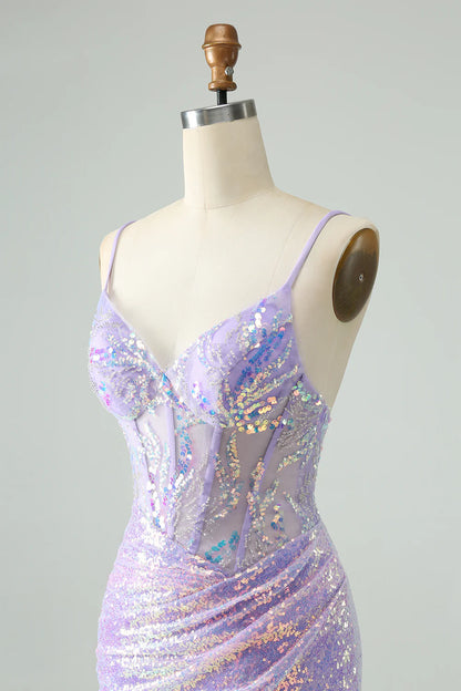 Amzcw Glitter Lilac Tight Spaghetti Straps Corset Short Homecoming Dress with Sequins