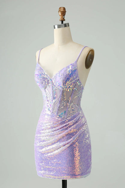 Amzcw Glitter Lilac Tight Spaghetti Straps Corset Short Homecoming Dress with Sequins