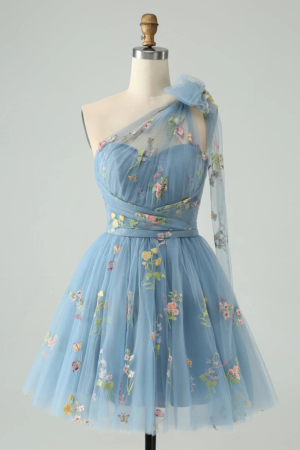 Amzcw A Line One Shoulder Grey Blue Tulle Homecoming Dress with Floral Embroidery