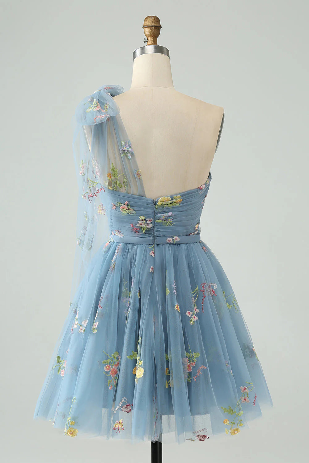 Amzcw A Line One Shoulder Grey Blue Tulle Homecoming Dress with Floral Embroidery