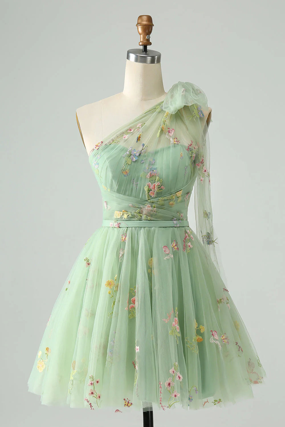 Amzcw Light Green A Line One Shoulder Tulle Homecoming Dress with Floral Embroidery