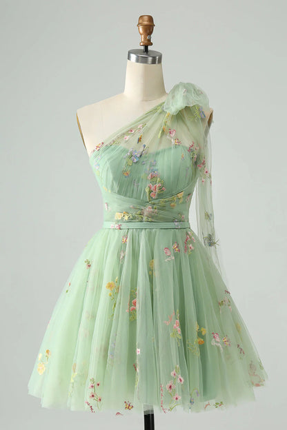 Amzcw Light Green A Line One Shoulder Tulle Homecoming Dress with Floral Embroidery