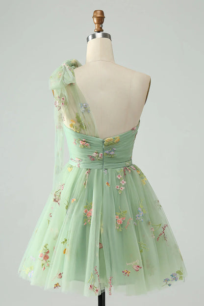 Amzcw Light Green A Line One Shoulder Tulle Homecoming Dress with Floral Embroidery