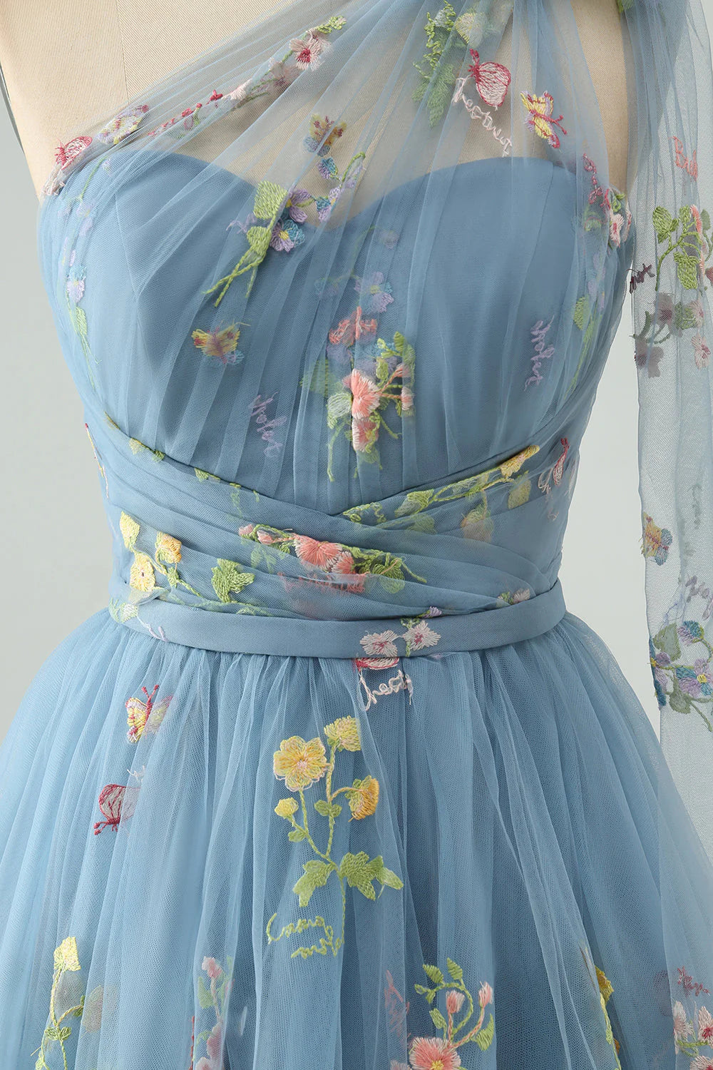 Amzcw A Line One Shoulder Grey Blue Tulle Homecoming Dress with Floral Embroidery