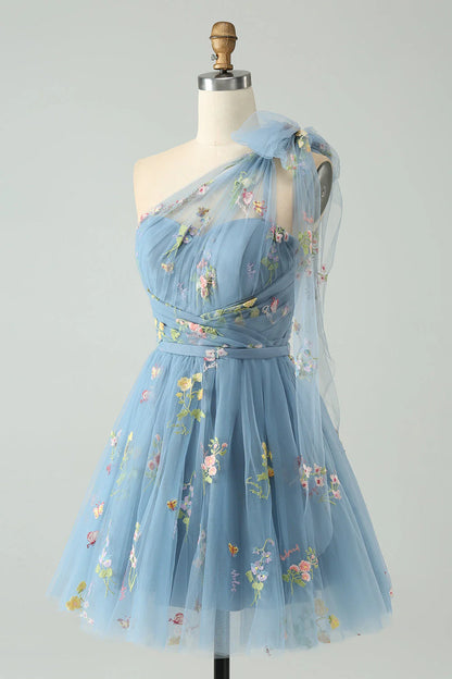 Amzcw A Line One Shoulder Grey Blue Tulle Homecoming Dress with Floral Embroidery