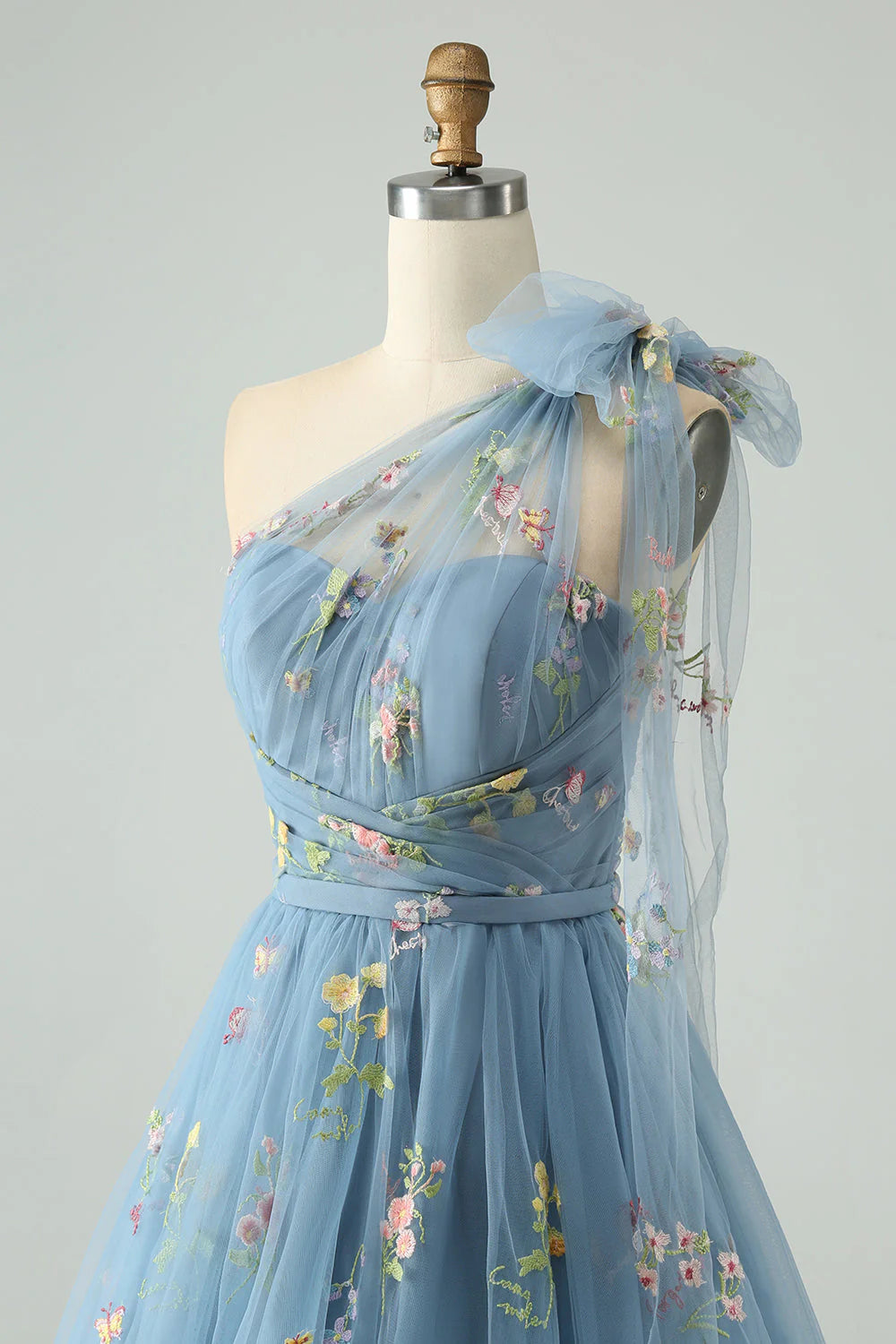 Amzcw A Line One Shoulder Grey Blue Tulle Homecoming Dress with Floral Embroidery