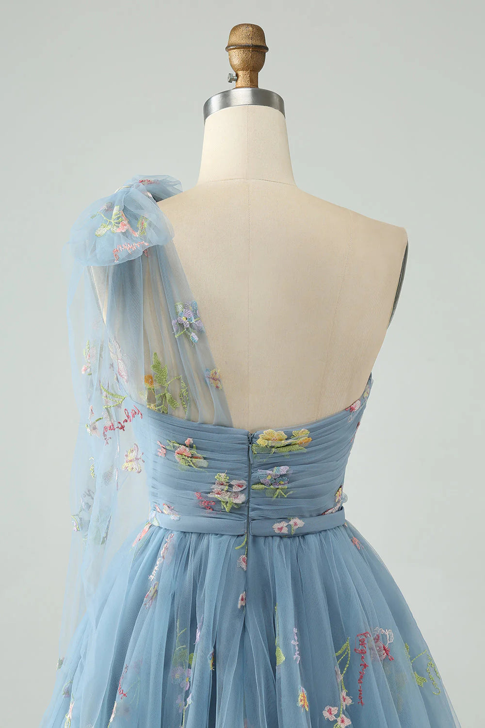 Amzcw A Line One Shoulder Grey Blue Tulle Homecoming Dress with Floral Embroidery