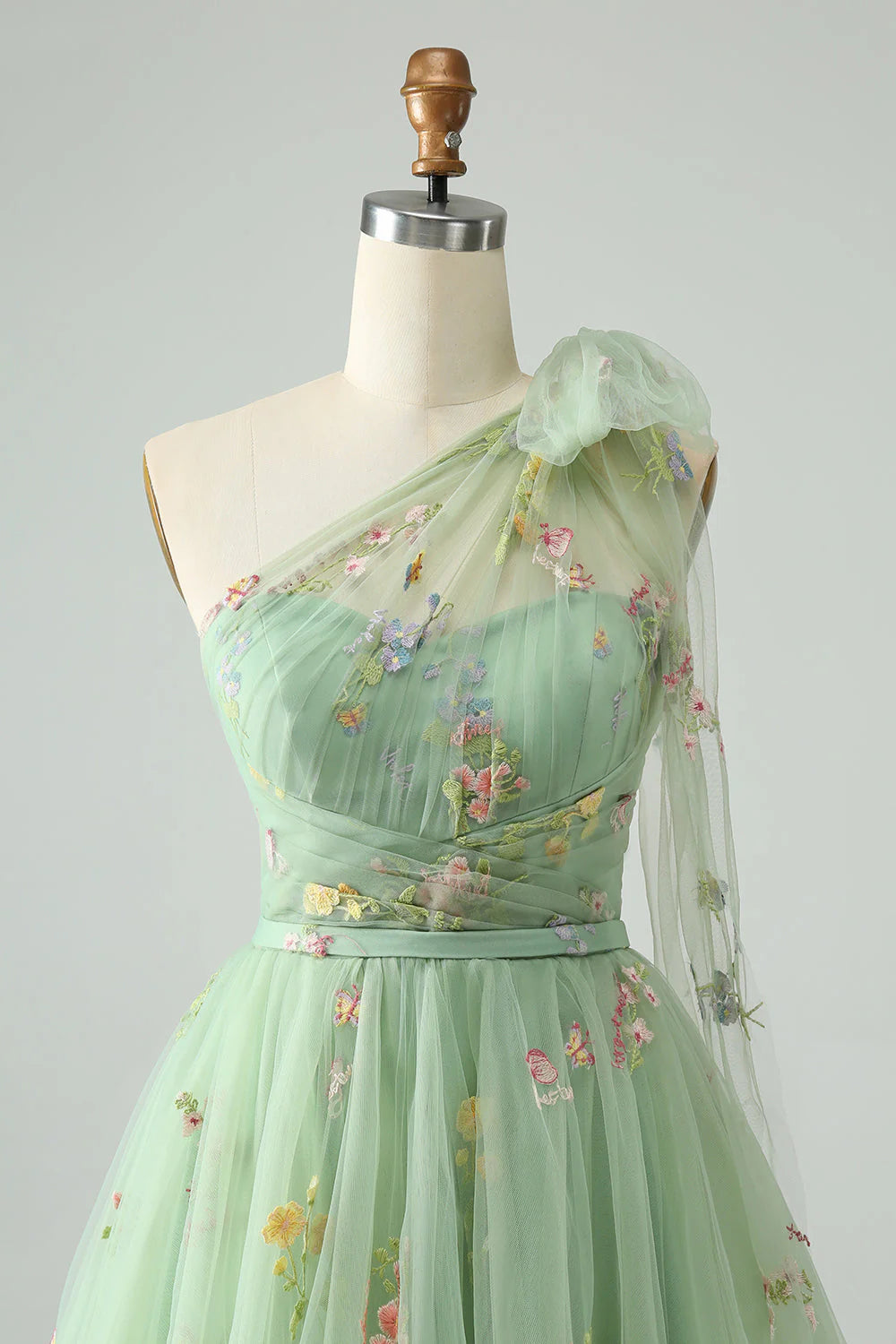 Amzcw Light Green A Line One Shoulder Tulle Homecoming Dress with Floral Embroidery