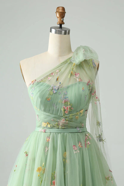 Amzcw Light Green A Line One Shoulder Tulle Homecoming Dress with Floral Embroidery