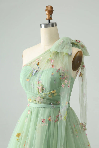 Amzcw Light Green A Line One Shoulder Tulle Homecoming Dress with Floral Embroidery