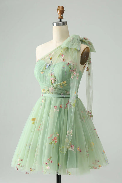 Amzcw Light Green A Line One Shoulder Tulle Homecoming Dress with Floral Embroidery