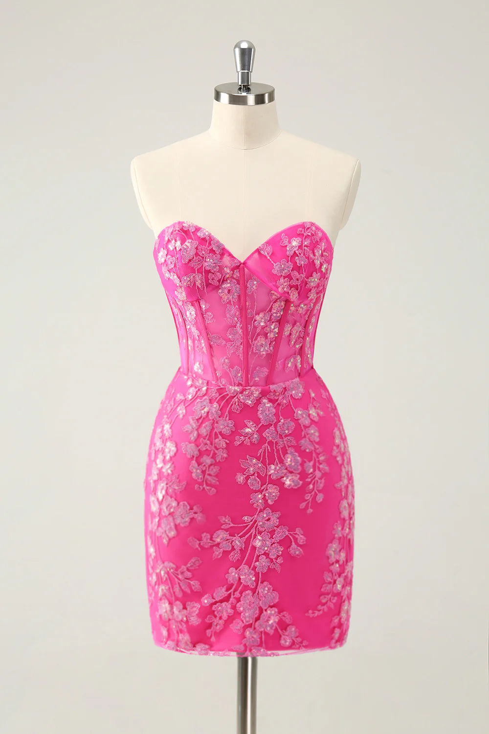 Amzcw Classy Fuchsia Bodycon Strapless Corset Short Homecoming Dress with Sequins