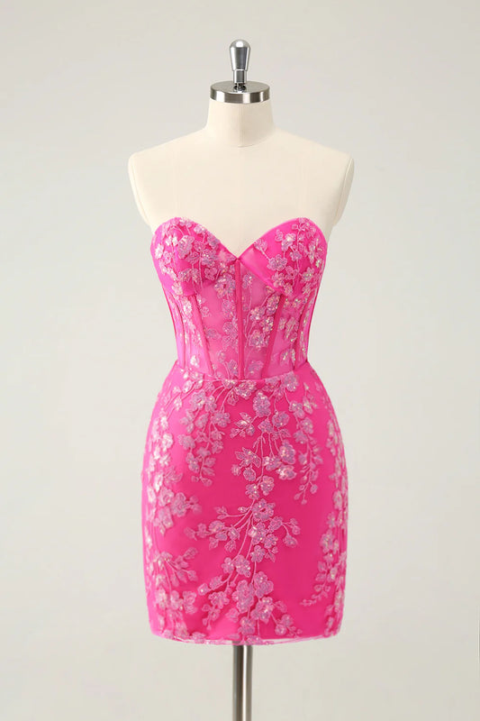Amzcw Classy Fuchsia Bodycon Strapless Corset Short Homecoming Dress with Sequins