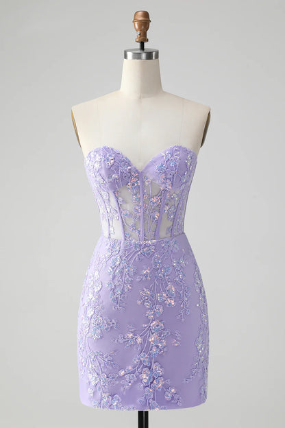 Amzcw Classy Lilac Bodycon Sweetheart Corset Short Homecoming Dress with Sequins