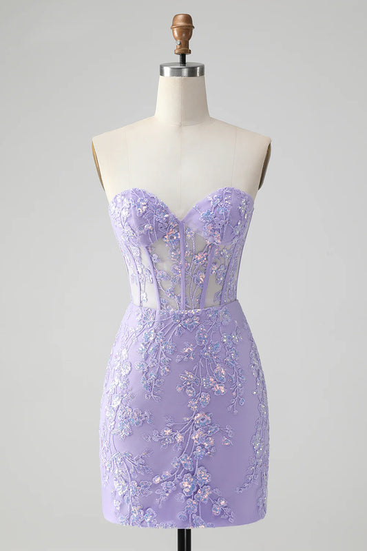 Amzcw Classy Lilac Bodycon Sweetheart Corset Short Homecoming Dress with Sequins