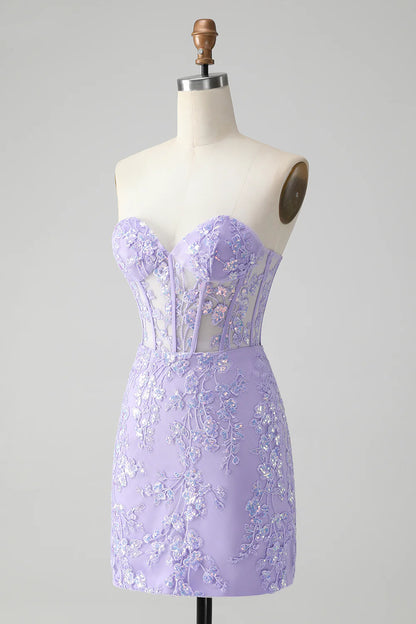 Amzcw Classy Lilac Bodycon Sweetheart Corset Short Homecoming Dress with Sequins