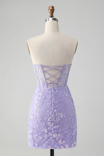 Amzcw Classy Lilac Bodycon Sweetheart Corset Short Homecoming Dress with Sequins
