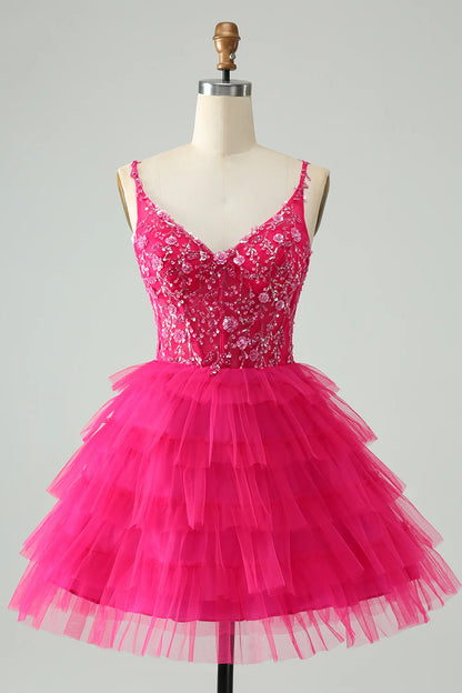 Amzcw Cute Fuchsia A Line Spaghetti Straps Tiered Short Homecoming Dress with Sequins