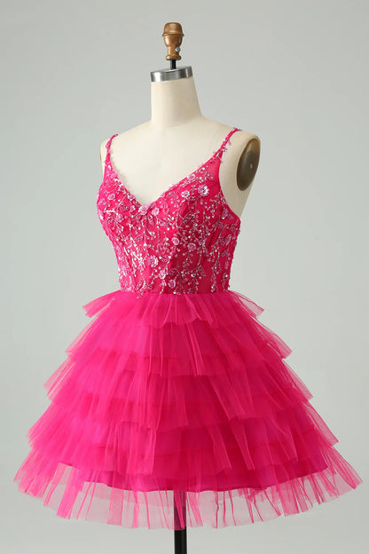 Amzcw Cute Fuchsia A Line Spaghetti Straps Tiered Short Homecoming Dress with Sequins