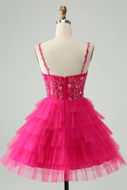 Amzcw Cute Fuchsia A Line Spaghetti Straps Tiered Short Homecoming Dress with Sequins