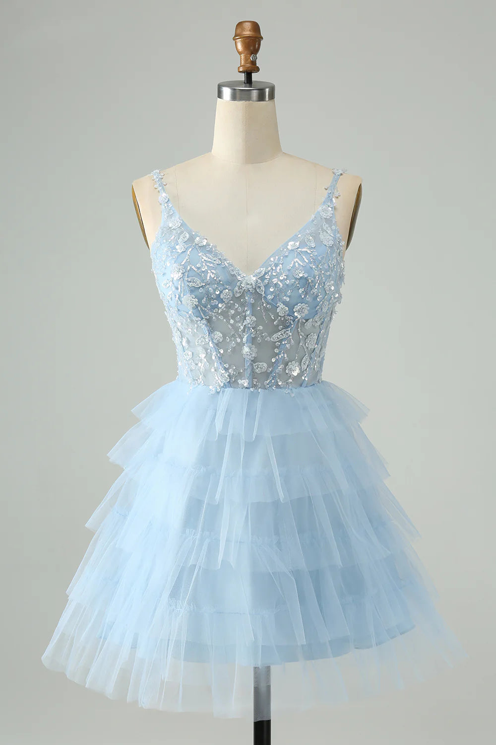 Amzcw Cute Sky Blue A Line Spaghetti Straps Tiered Short Homecoming Dress with Sequins