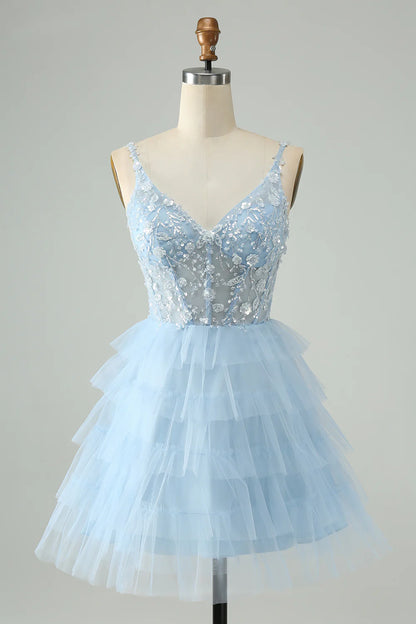 Amzcw Cute Sky Blue A Line Spaghetti Straps Tiered Short Homecoming Dress with Sequins