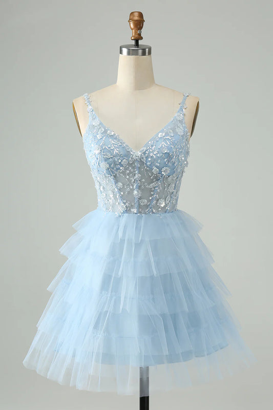 Amzcw Cute Sky Blue A Line Spaghetti Straps Tiered Short Homecoming Dress with Sequins