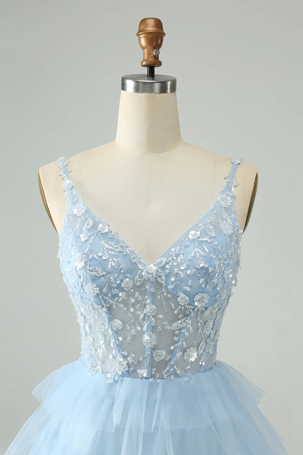 Amzcw Cute Sky Blue A Line Spaghetti Straps Tiered Short Homecoming Dress with Sequins