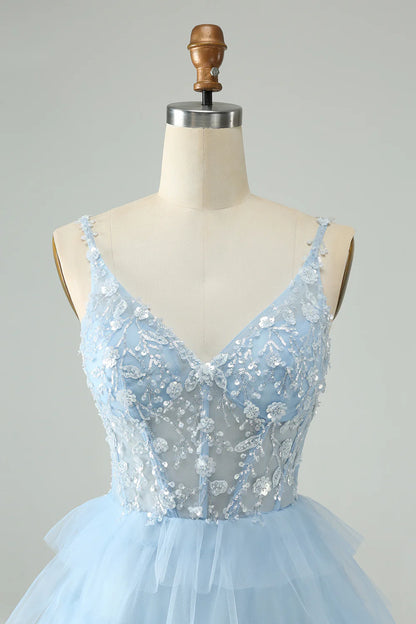 Amzcw Cute Sky Blue A Line Spaghetti Straps Tiered Short Homecoming Dress with Sequins